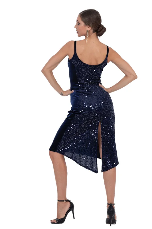 Sequin Midi Dress With Velvet Side Details & Slit Trendy Mock Neck Midi Dress