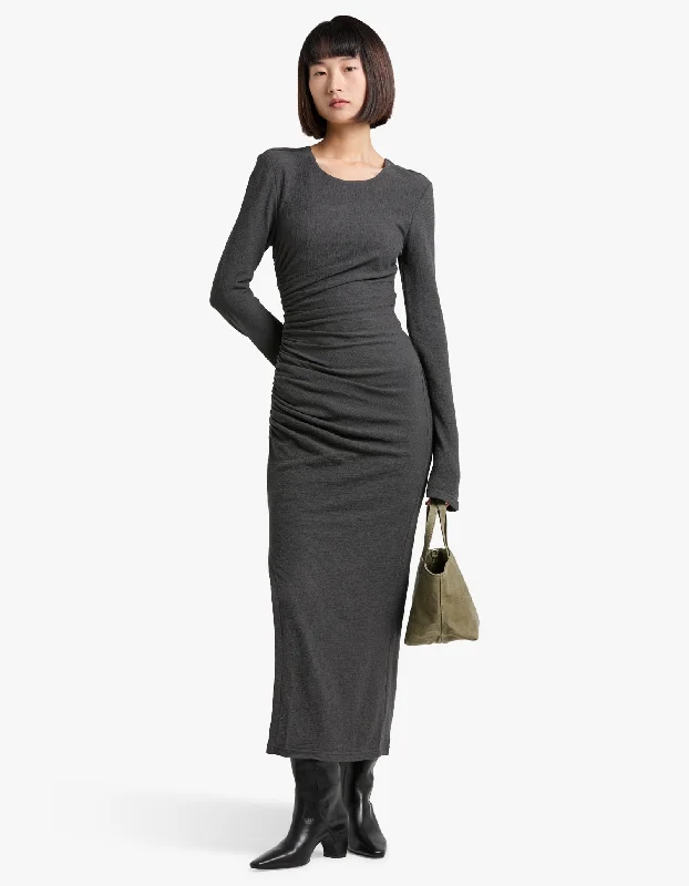 Beau Gathered Long Sleeve Midi Dress - Dark Ash Elegant Pleated Detail Midi Dress