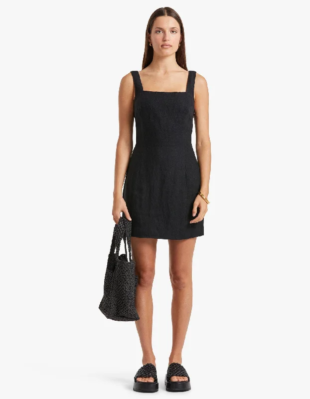 Linen Square Neck Mini Dress - Black Classic Casual Mini Dress