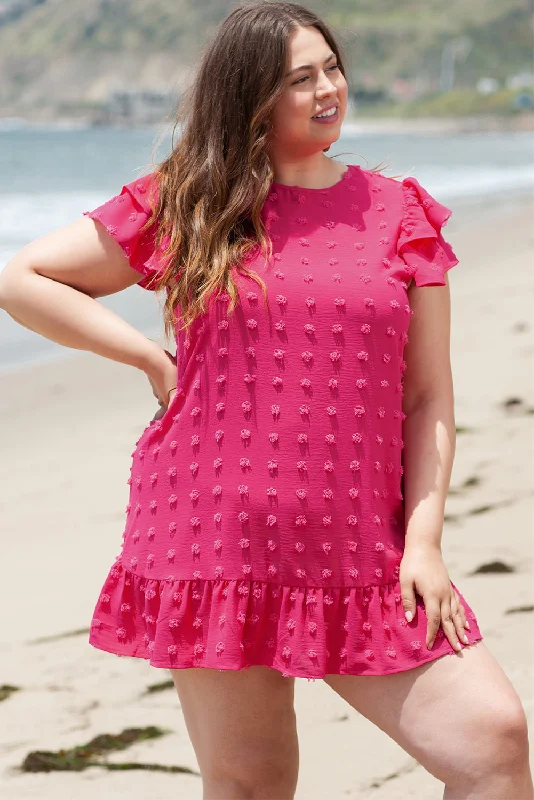 Blue Zone Planet |  Strawberry Pink Plus Size Jacquard Short Ruffle Sleeve Mini Dress Classic White Mini Dress