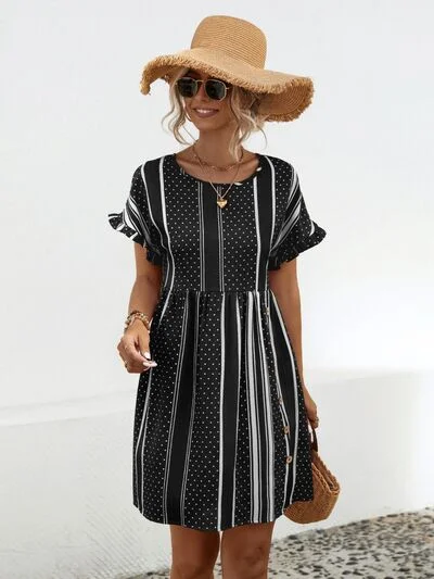 Striped Polka Dot Frill Short Sleeve Mini Dress Casual Button-Up Mini Dress