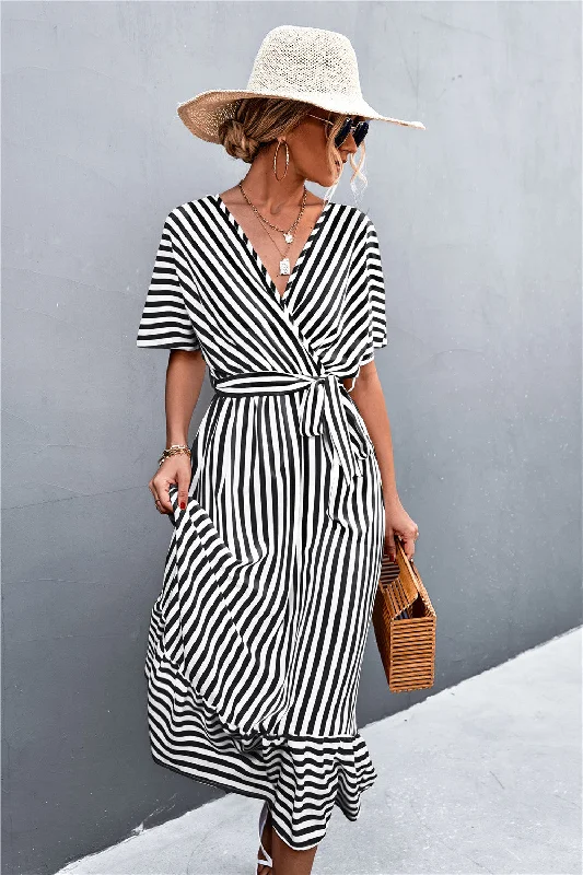 Striped Tie Belt Midi Dress Fashionable Plaid Midi Dress