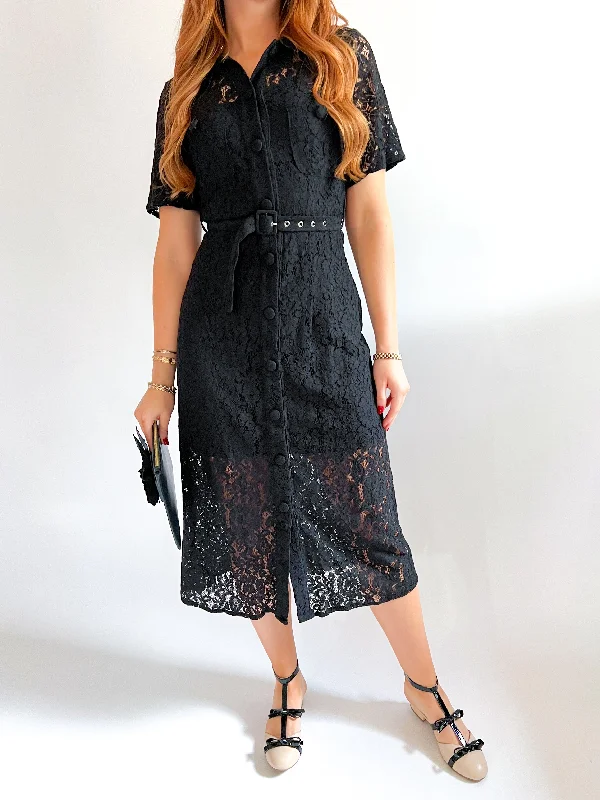 Carli Lace Buttoned Midi Dress Elegant Faux Wrap Midi Dress