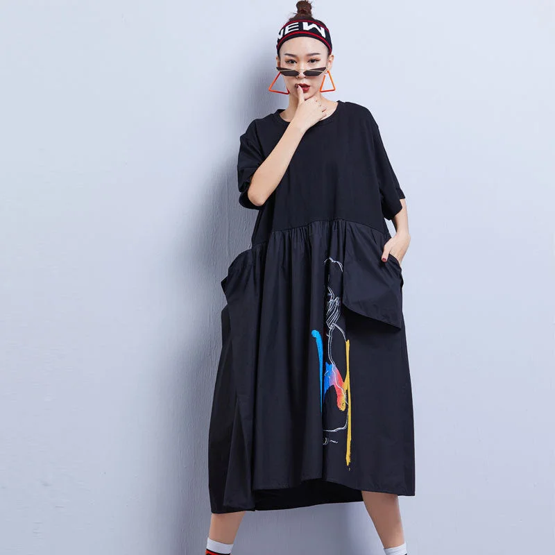 Summer Contrast Black Plus Sizes Midi Dresses Stylish Midi Dress with Cuffs