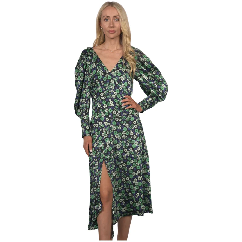 Topshop Women's Longsleeve Satin Floral Print Midi Dress - Green Fashionable Pleated Midi Dress