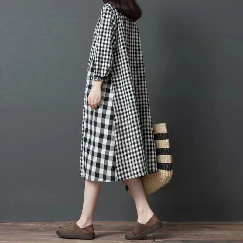 Vintage Plaid Long Sleeves Midi Dresses Chic Floral Print Midi Dress