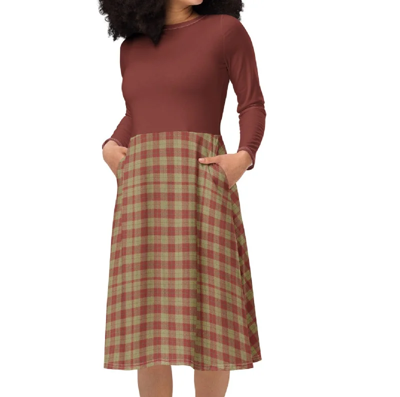 Vintage Red Plaid Midi Dress (S-6XL) Elegant Puff Sleeve Midi Dress