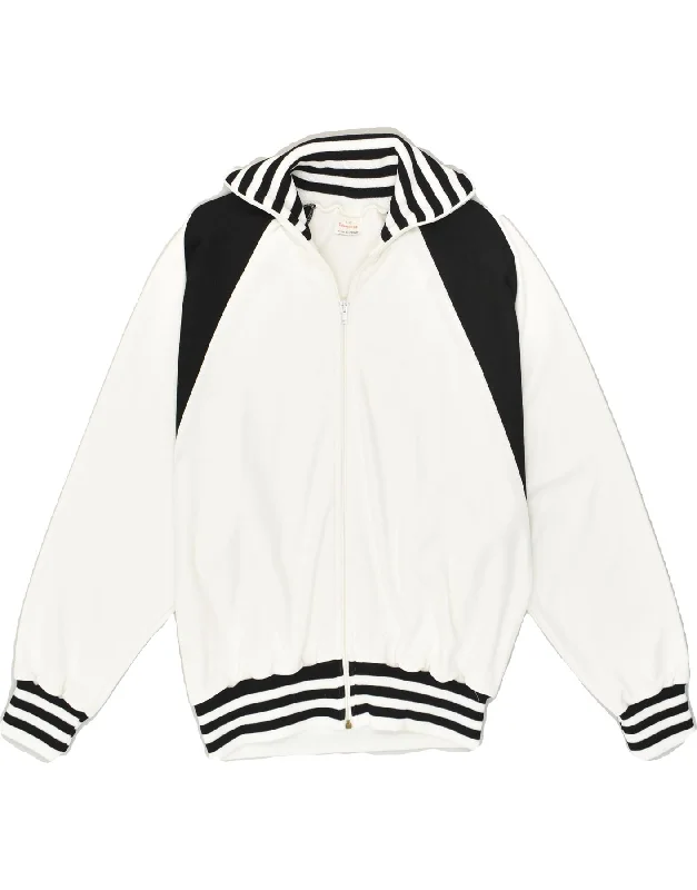 VINTAGE Womens Graphic Tracksuit Top Jacket IT 52 2XL White Colourblock Wool Fabric Cashmere Fabric Tweed Fabric VINTAGE Womens Graphic Tracksuit Top Jacket IT 52 2XL White Colourblock Wool Fabric Cashmere Fabric Tweed Fabric
