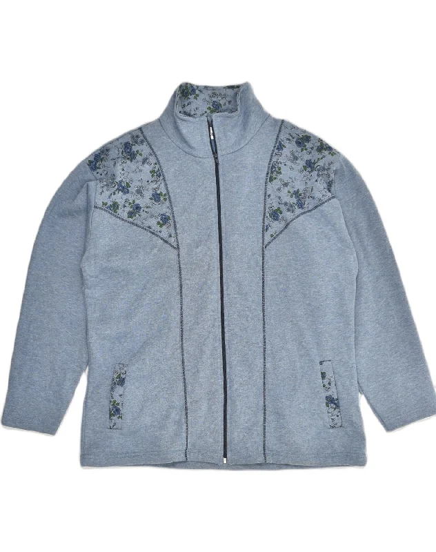 VINTAGE Womens Tracksuit Top Jacket UK 24/26 3XL Blue Floral Cotton Front Pockets Side Pockets Patch Pockets VINTAGE Womens Tracksuit Top Jacket UK 24/26 3XL Blue Floral Cotton Front Pockets Side Pockets Patch Pockets