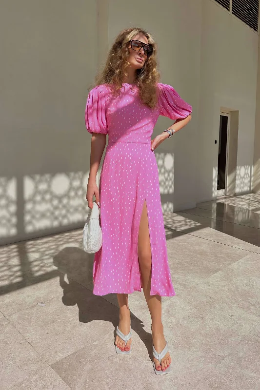 Viscose Puff Sleeve Slit Midi Dress Comfortable Deep V Midi Dress