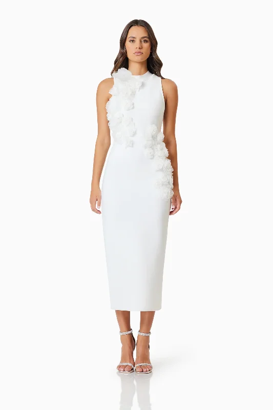 OMR x ELLIATT: Whitetail 3D Floral Midi Dress In White Fashionable A-Line Midi Dress