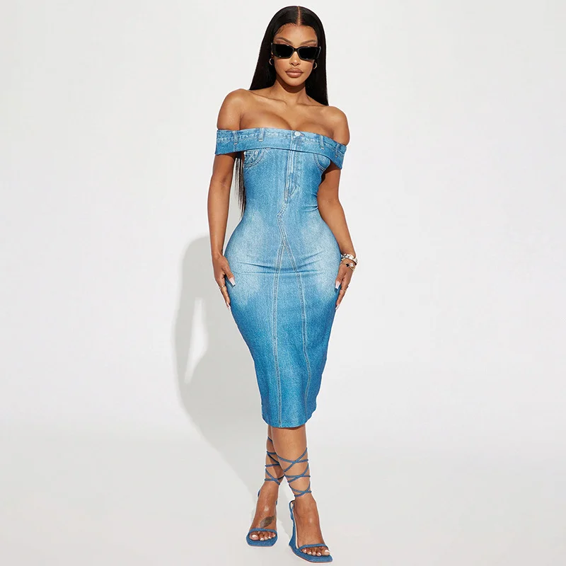 Women'S Fashion Sexy Faux Denim Printing One Shoulder Midi Dress Stylish Tiered Midi Dress