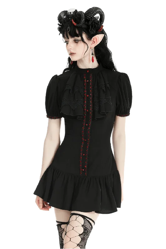 Women's Gothic Puff Sleeves Ruffle Mini Dress with Buttons Comfortable Boho Mini Dress