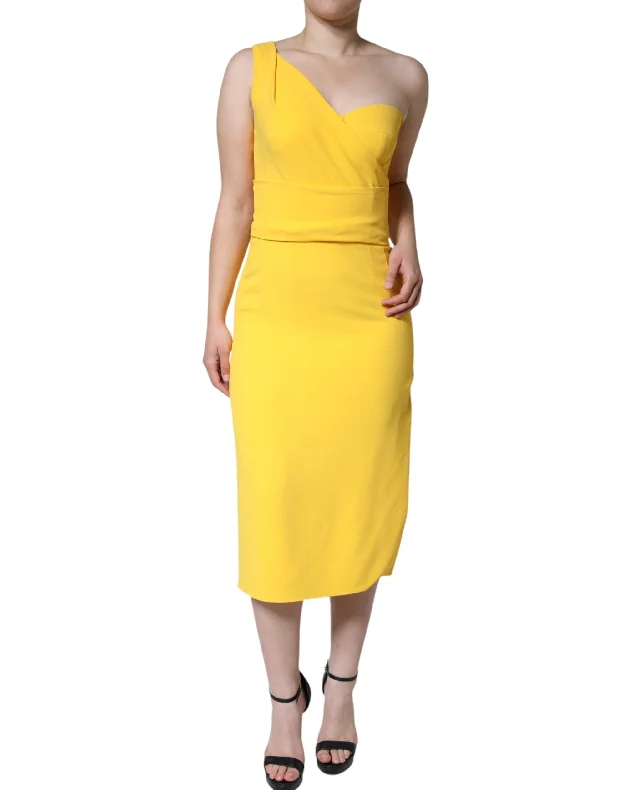 Yellow One Shoulder Side Slit Midi Dress Stylish Cold Shoulder Midi Dress