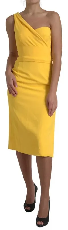 Yellow One Shoulder Side Slit Midi Dress Trendy Mock Neck Midi Dress