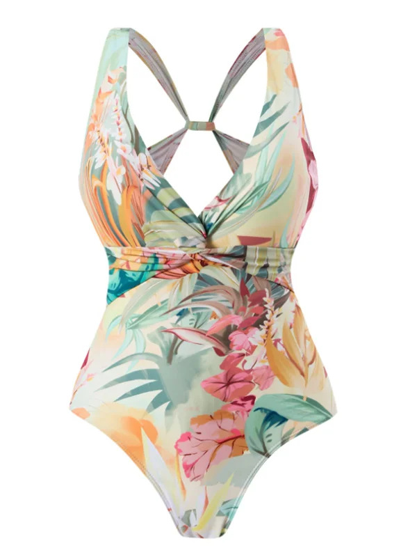 1940s Floral V-Neck Tie-Waist Swimsuit Vintage Swimwear Look