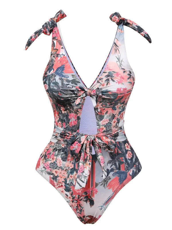 1940s Retro Pictorial Hollow One-Piece Swimsuit Bold Swimsuit Design