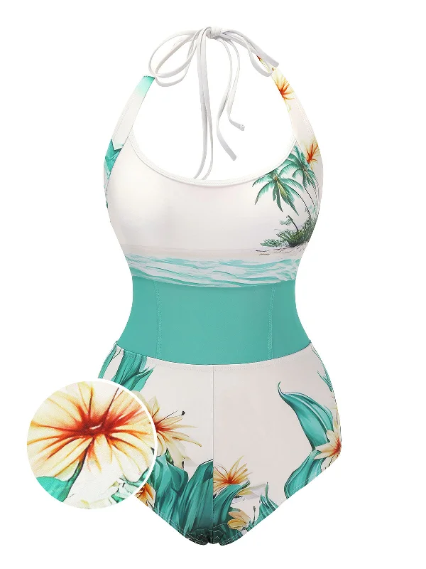 1950s Coconut Tree & Beach Patchwork Swimsuit Trendy Swimsuit Bottoms