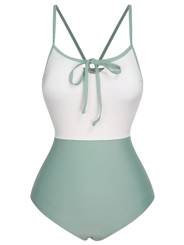 1950s Color Contrast BowKnot Strap Swimsuit Beach Ready Swimsuit