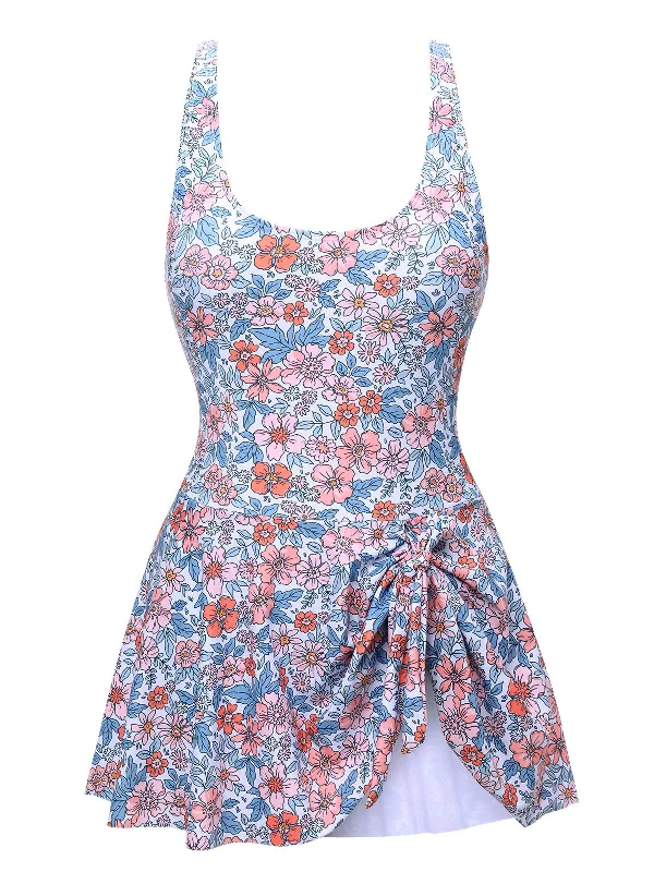 1950s Floral Knot Wide Strap Skirt Swimsuit Elegant Ruffle Swimsuit