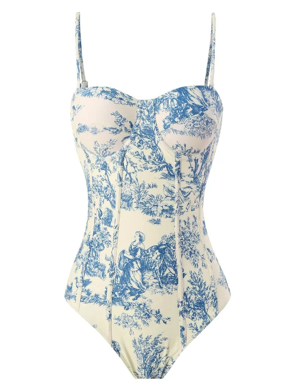 1950s Ink Floral Spaghetti Strap One-Piece Swimsuit Push-Up Swimsuit Top