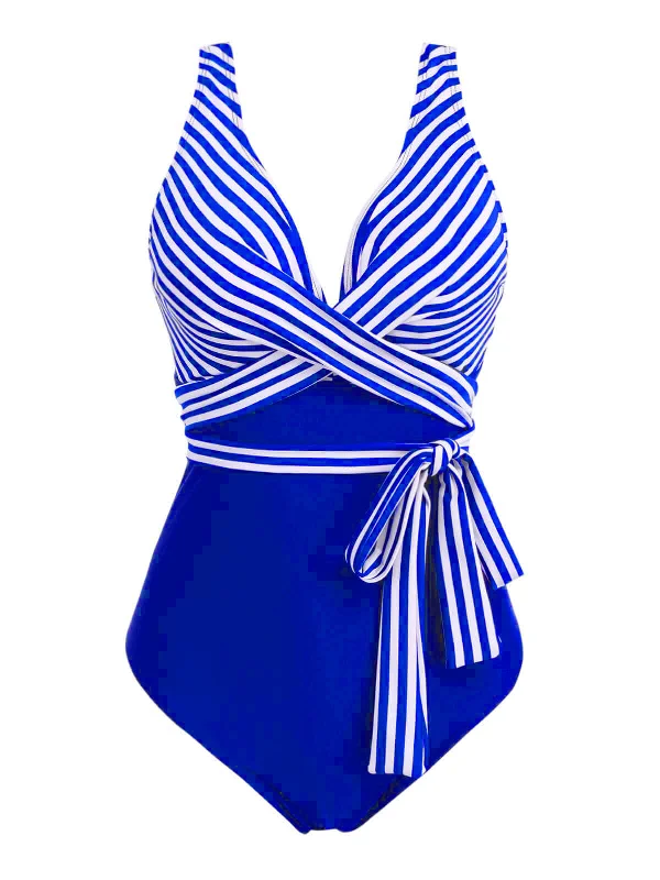 [Plus Size] 1950s Stripe Lace Up Patchwork One-Piece Swimsuit Stylish Beachwear Set