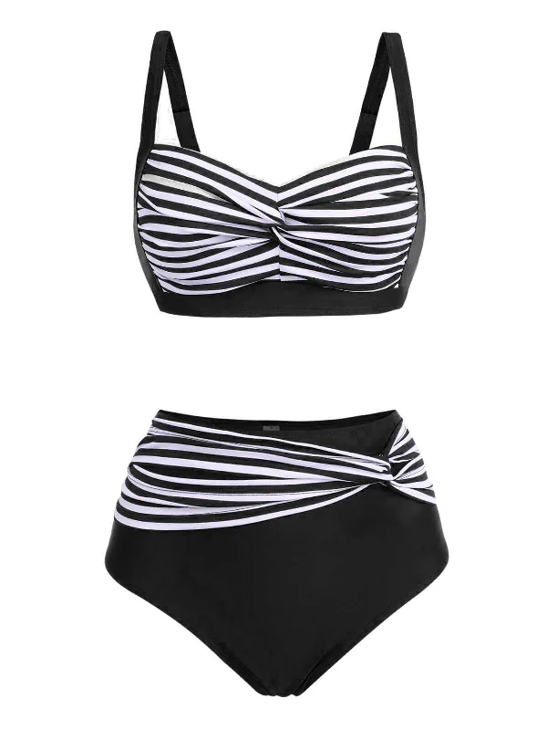 1950s Stripe Twisted Patchwork Strap Swimsuit Sleek Mesh Bikini