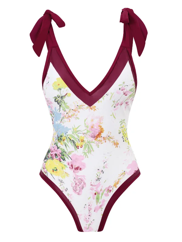 1950s V-Neck Flowers Lacing Swimsuit Sporty Swimsuit Style