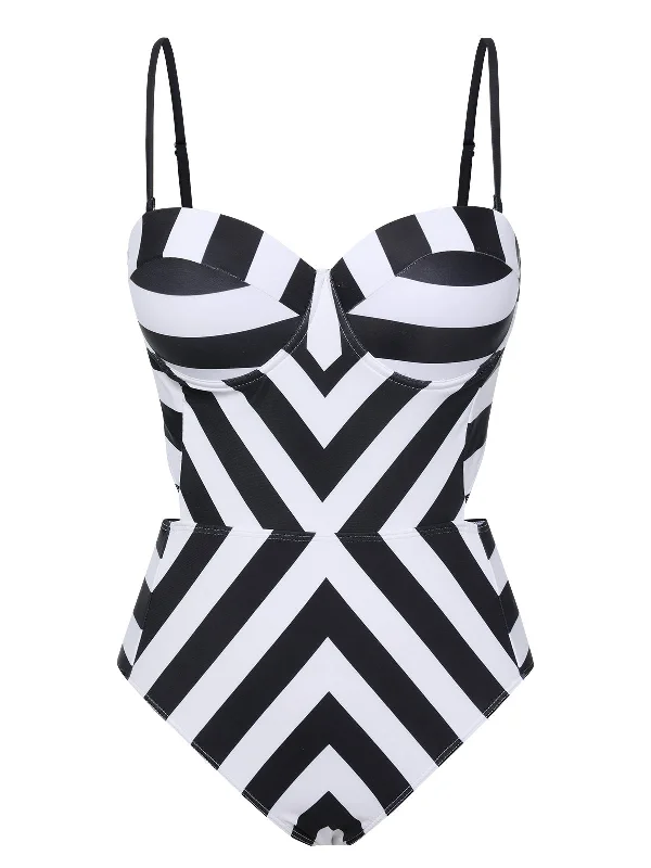 1960s Black White Contrast Stripes Swimsuit High-Waisted Swim Bottoms