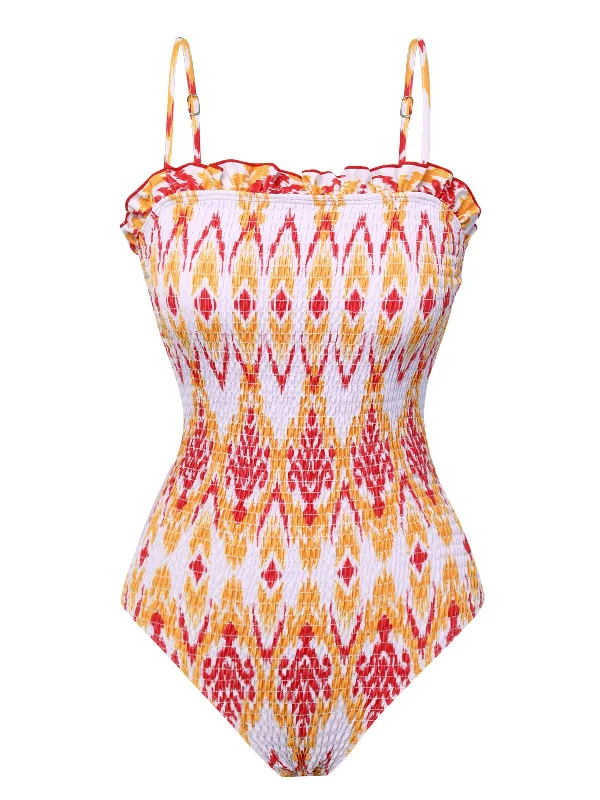 1960s Chevron Smocking Strap Bandeau Swimsuit Sexy Swimwear Set