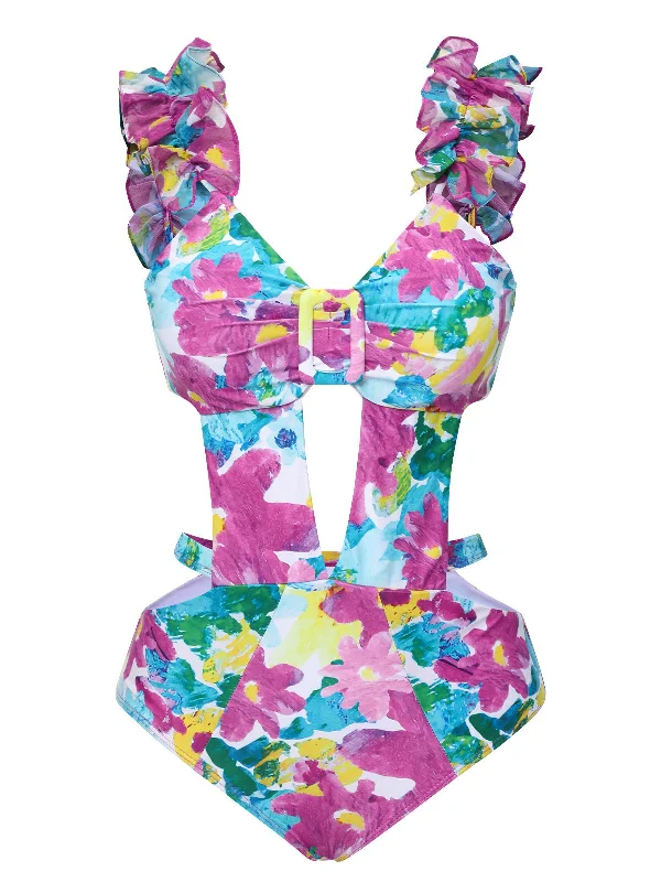 1960s Floral Ruffle Cutout Swimsuit Cross-Back Bikini