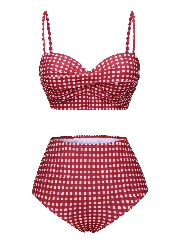 1950s Gingham Plaid Suspender Swimsuit Floral Swimwear Set