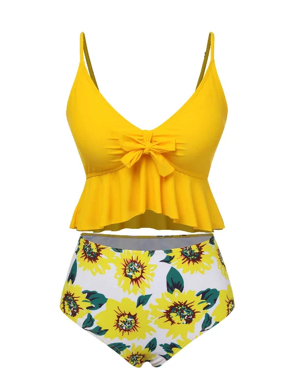 1960s Spaghetti Strap Floral Ruffles Swimsuit Strap Bikini Set