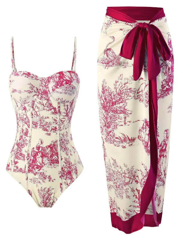 1960s Vintage Ink Floral Swimsuit & Cover-Up Swim Skirt Set