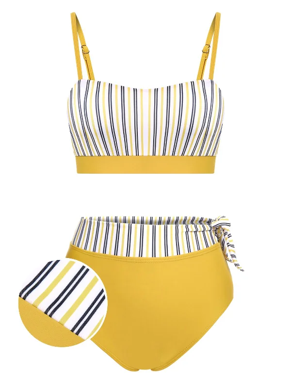 2PCS Yellow 1940s Striped Patchwork Swimsuit Two-Piece Beachwear