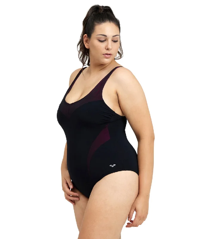 Arena Women's Plus Size Isabel Light Cross Back One Piece Swimsuit Black/Rose Violet Color-Block Bikini