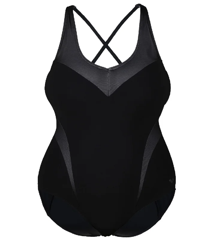 Arena Women's Plus Size Isabel Light Cross Back One Piece Swimsuit Black/White Comfortable Swim Dress