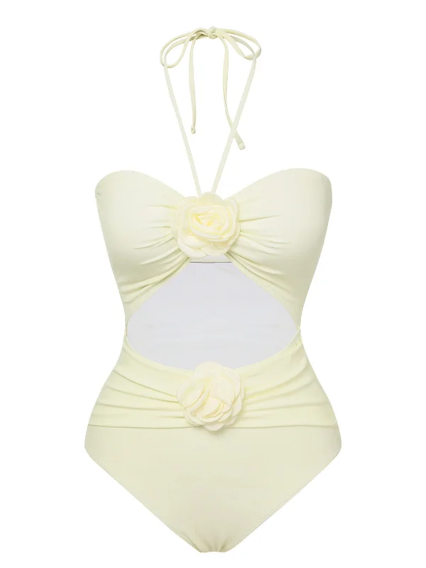 Beige 1930s 3D Flowers Halter One-Piece Swimsuit Push-Up Swimsuit Top