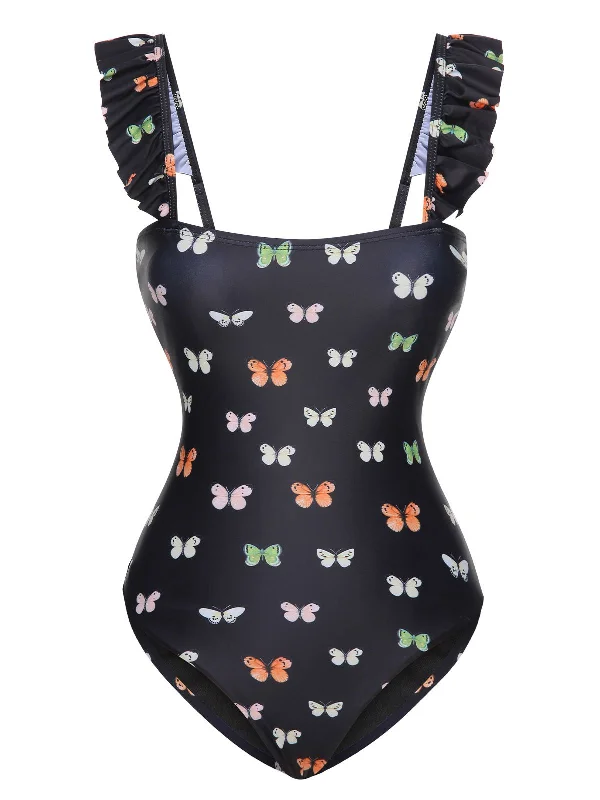 Black 1950s Butterfly Flare Sleeve One-Piece Swimsuit Adjustable Strap Swimsuit