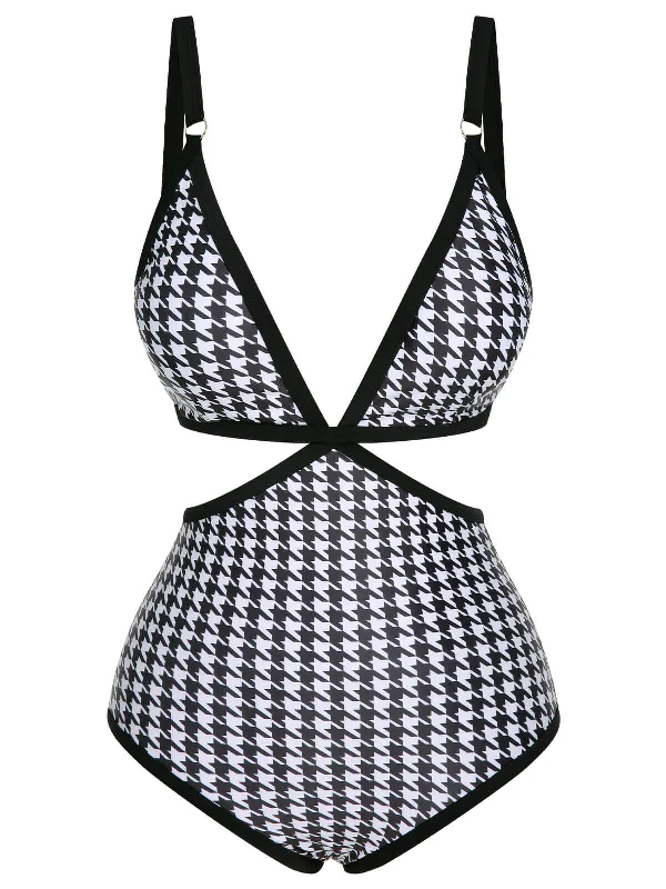 Black 1950s Houndstooth Waist Cutout Swimsuit Solid Color Swimsuit