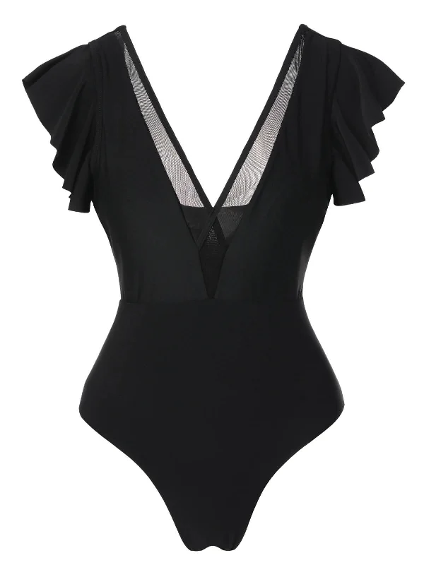 Black 1950s Solid Ruffle Sleeve One-Piece Swimsuit Color-Block Bikini