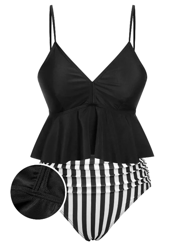 Black 1950s Striped Printed Separate Swimsuit Push-Up Bikini Top