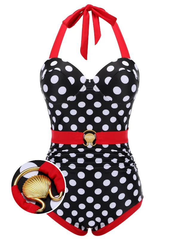 Black & Red 1950s Dots Halter Swimsuit Lace-Detail Bikini Set