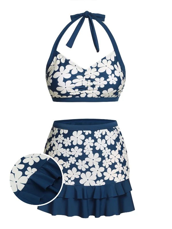 Blue 1940s Floral Ruffles Halter Swimsuit Trendy Swimwear Set