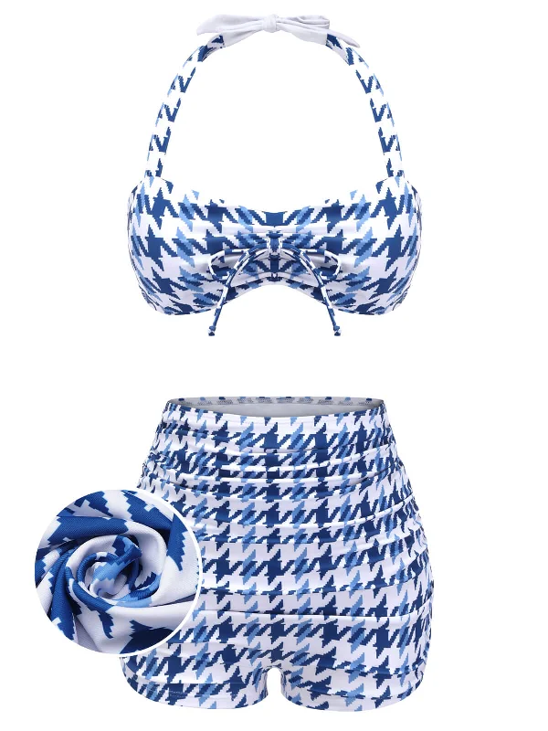 Blue 1940s Houndstooth Bow Halter Swimsuit Sleek Mesh Bikini