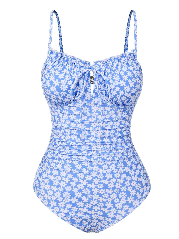 Blue 1950s Ditsy Floral Strap Swimsuit Luxury Swimsuit Style