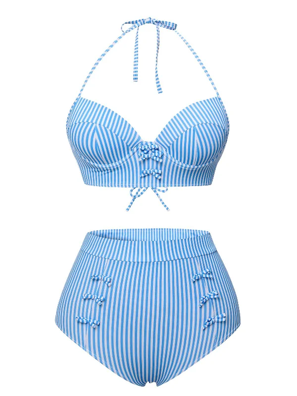 Blue 1950s Halter Bow Stripes Swimsuit Swimsuit with Skirt