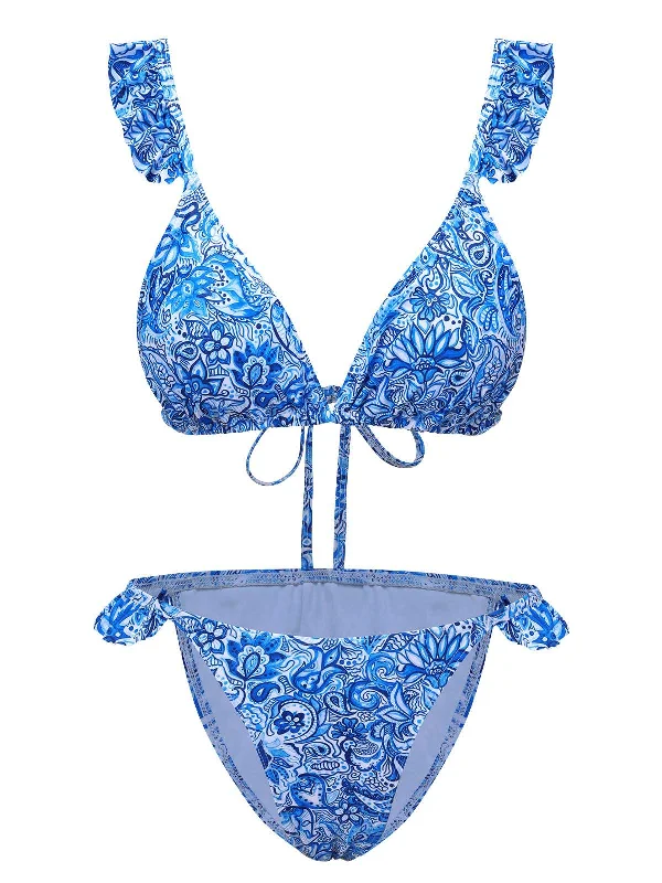 Blue 1950s Paisley Print Ruffle Trim Triangle Bikini Swimsuit Classic One-Piece