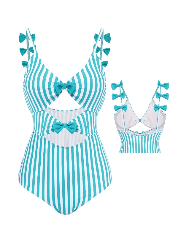 Blue 1960s Stripe Strap Bow One-Piece Swimsuit Playful Pattern Swimsuit