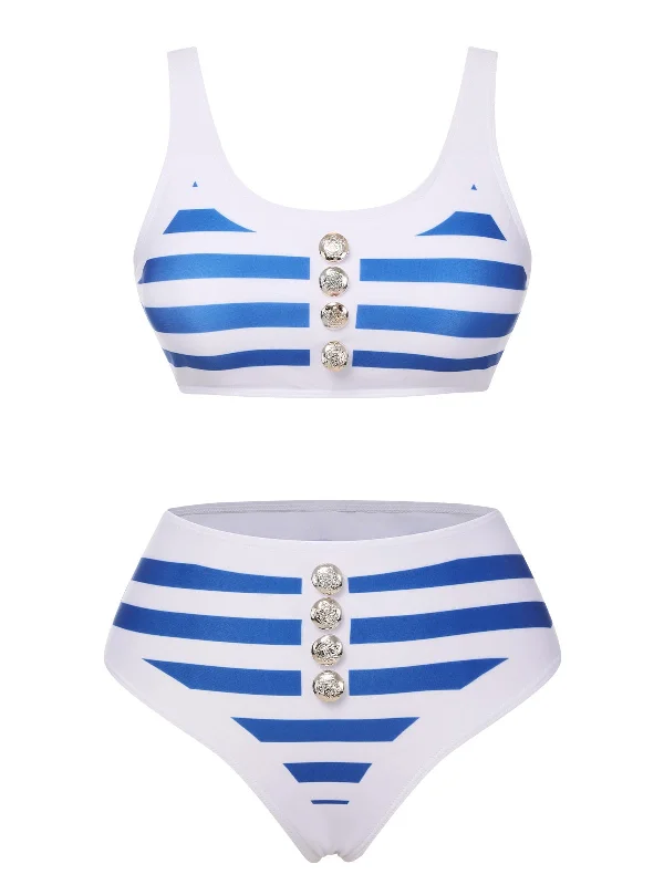 Blue & White 1950s Stripes Buttons Swimsuit Flirty Ruffle Swimsuit